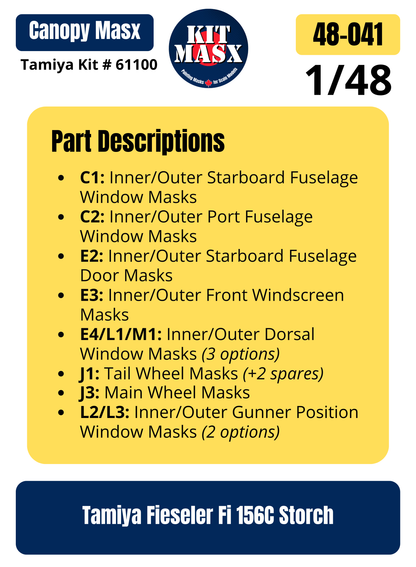 Tamiya Fieseler Fi 156C Storch 1/48 Canopy & Wheel Paint Masks, Kit # 61100 (48041)