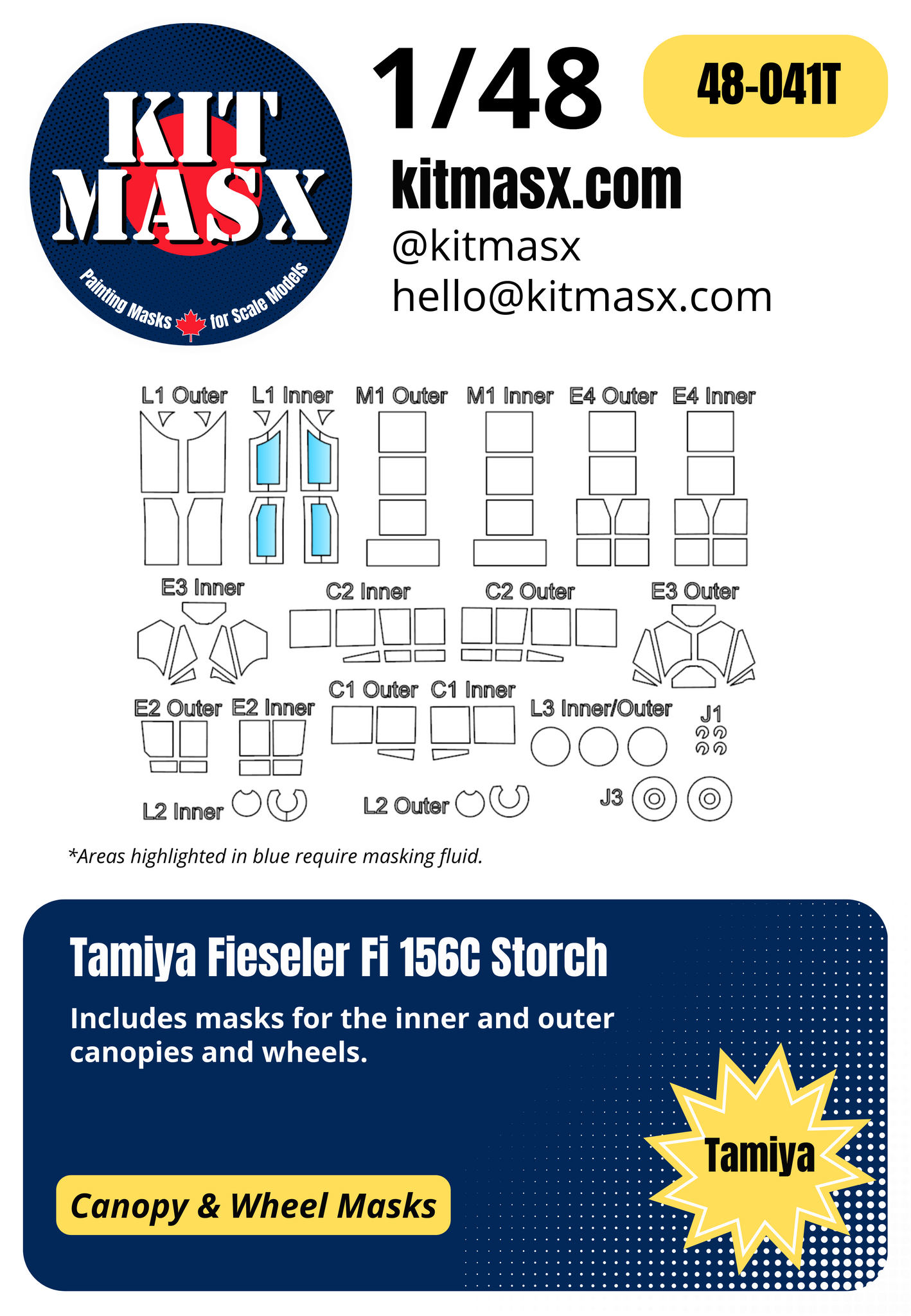 Tamiya Fieseler Fi 156C Storch 1/48 Canopy & Wheel Paint Masks, Kit # 61100