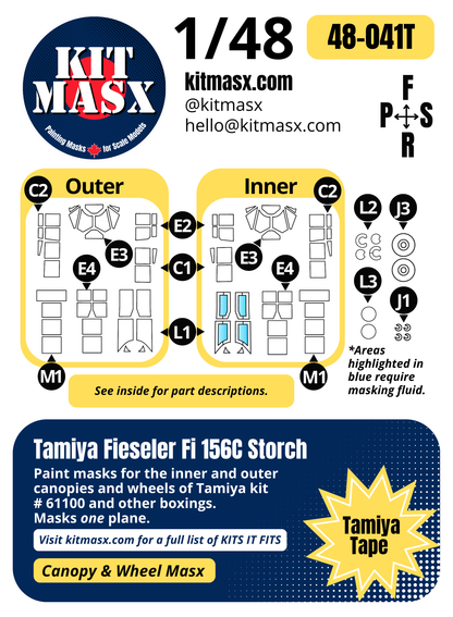 Tamiya Fieseler Fi 156C Storch 1/48 Canopy & Wheel Paint Masks, Kit # 61100 (48041)