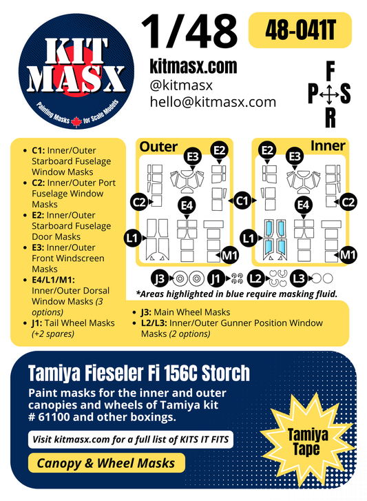 Tamiya Fieseler Fi 156C Storch 1/48 Canopy & Wheel Paint Masks, Kit # 61100