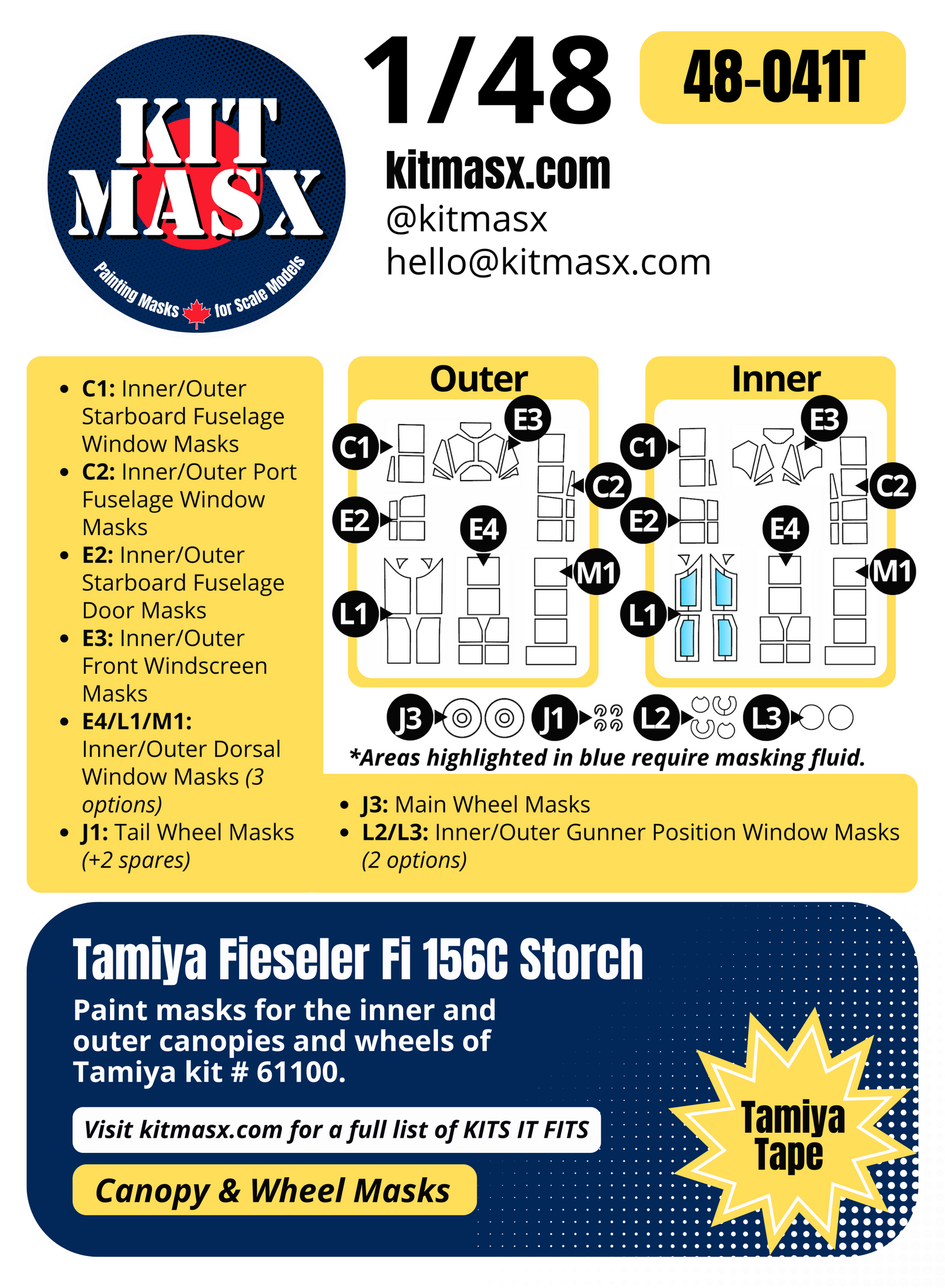 Tamiya Fieseler Fi 156C Storch 1/48 Canopy & Wheel Paint Masks, Kit # 61100