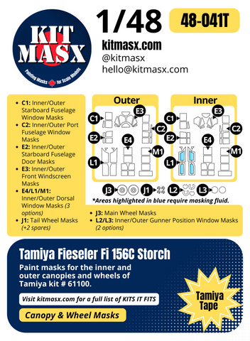 Tamiya Fieseler Fi 156C Storch 1/48 Canopy & Wheel Paint Masks, Kit # 61100