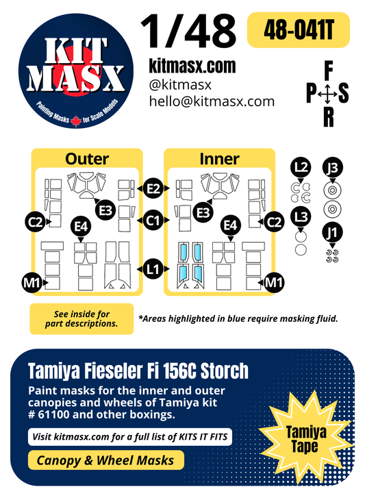 Tamiya Fieseler Fi 156C Storch 1/48 Canopy & Wheel Paint Masks, Kit # 61100