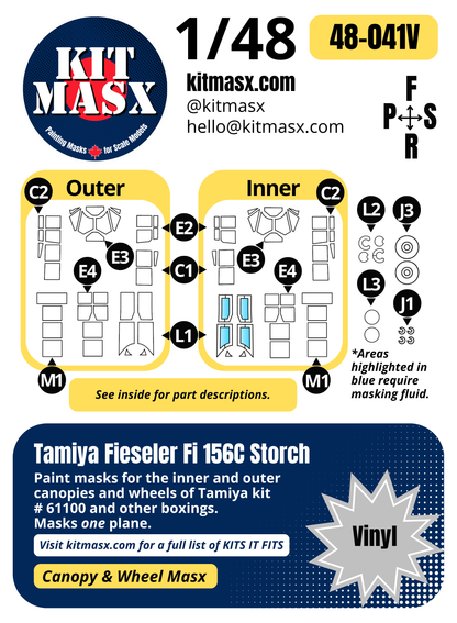 Tamiya Fieseler Fi 156C Storch 1/48 Canopy & Wheel Paint Masks, Kit # 61100 (48041)