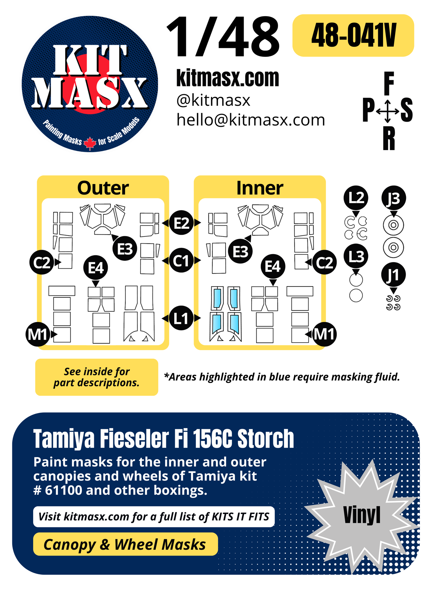 Tamiya Fieseler Fi 156C Storch 1/48 Canopy & Wheel Paint Masks, Kit # 61100