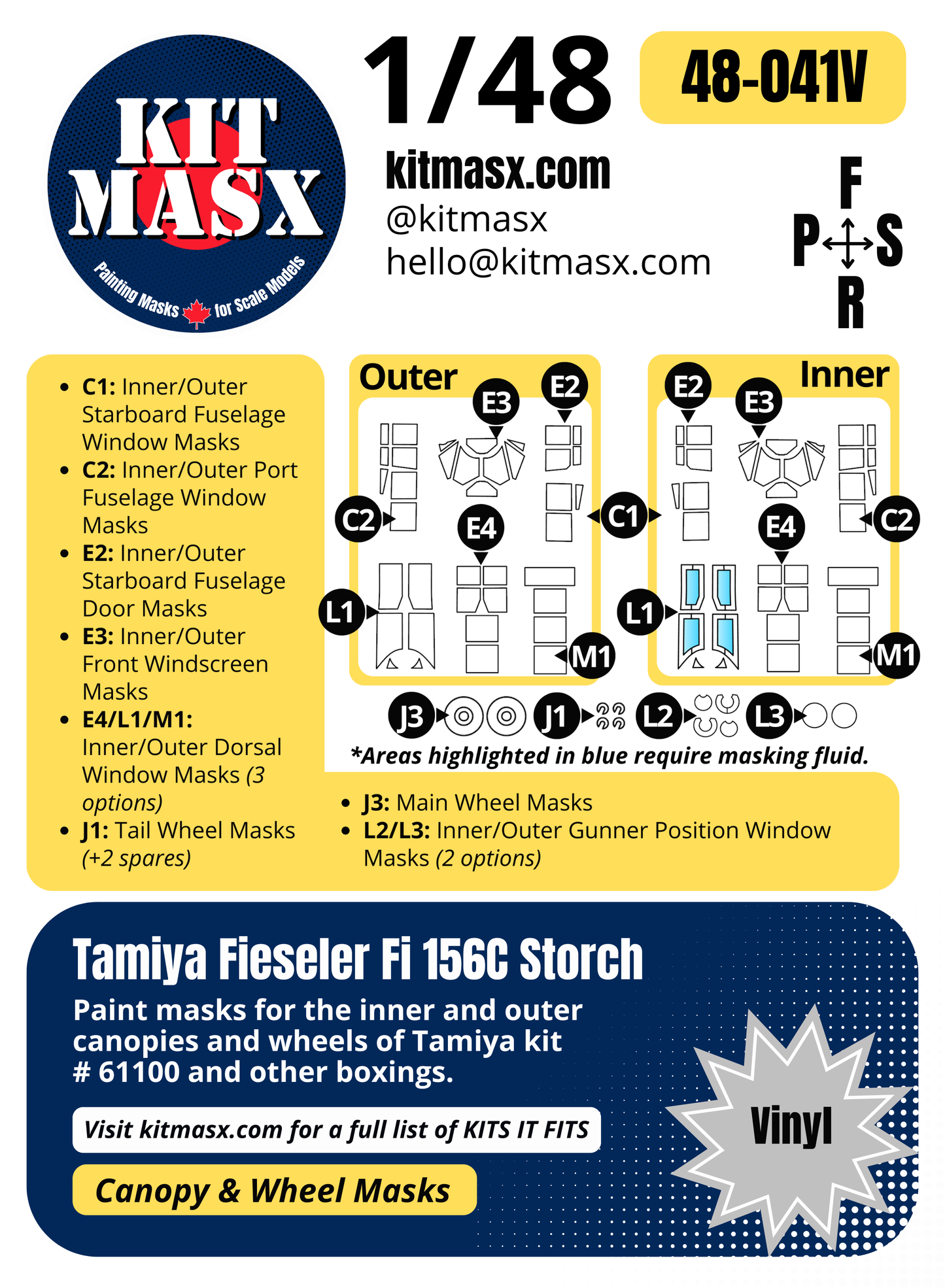 Tamiya Fieseler Fi 156C Storch 1/48 Canopy & Wheel Paint Masks, Kit # 61100