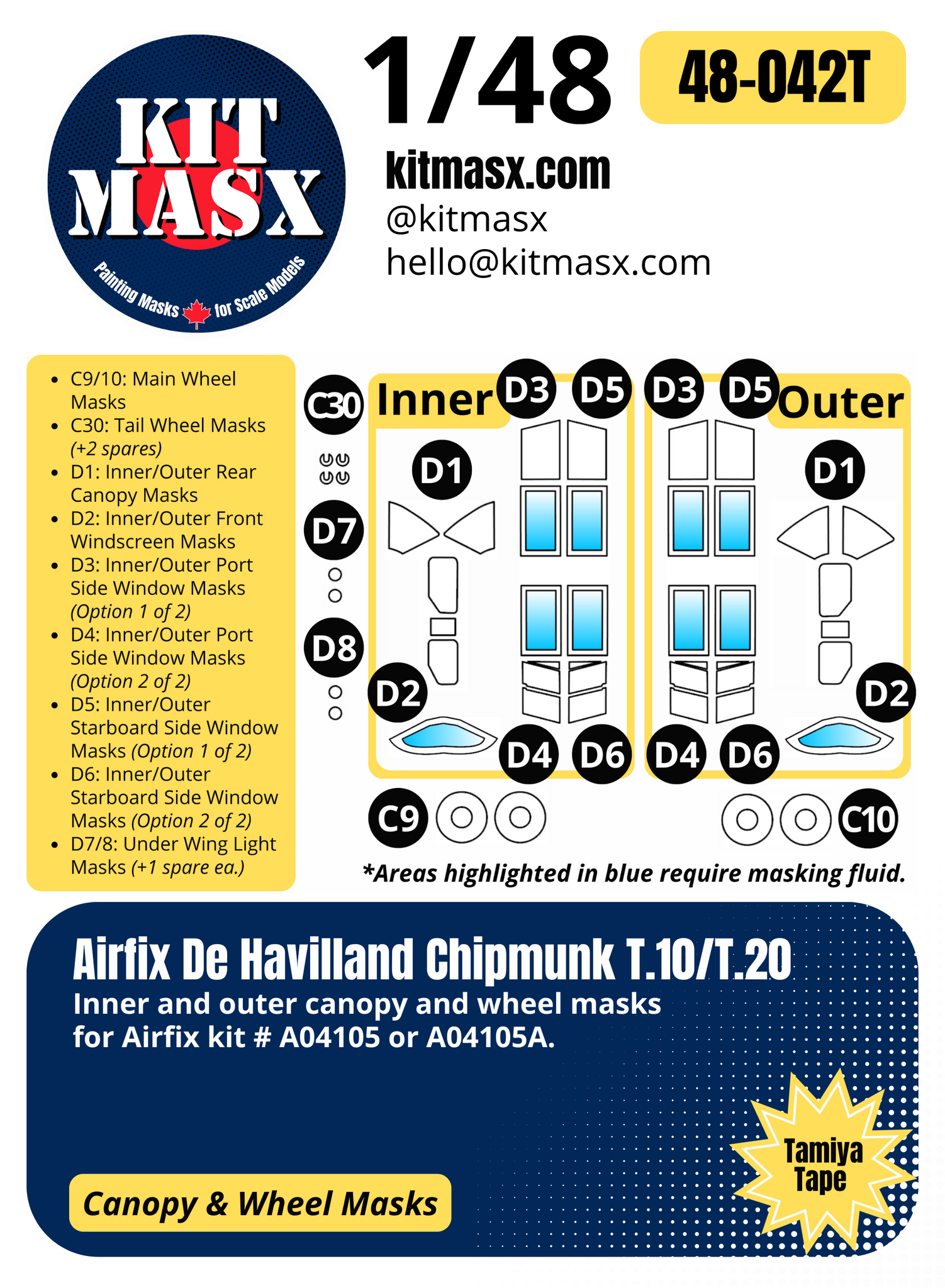 Airfix de Havilland Chipmunk T.10/T.20 1/48 Canopy & Wheel Paint Masks, Kit # A04105