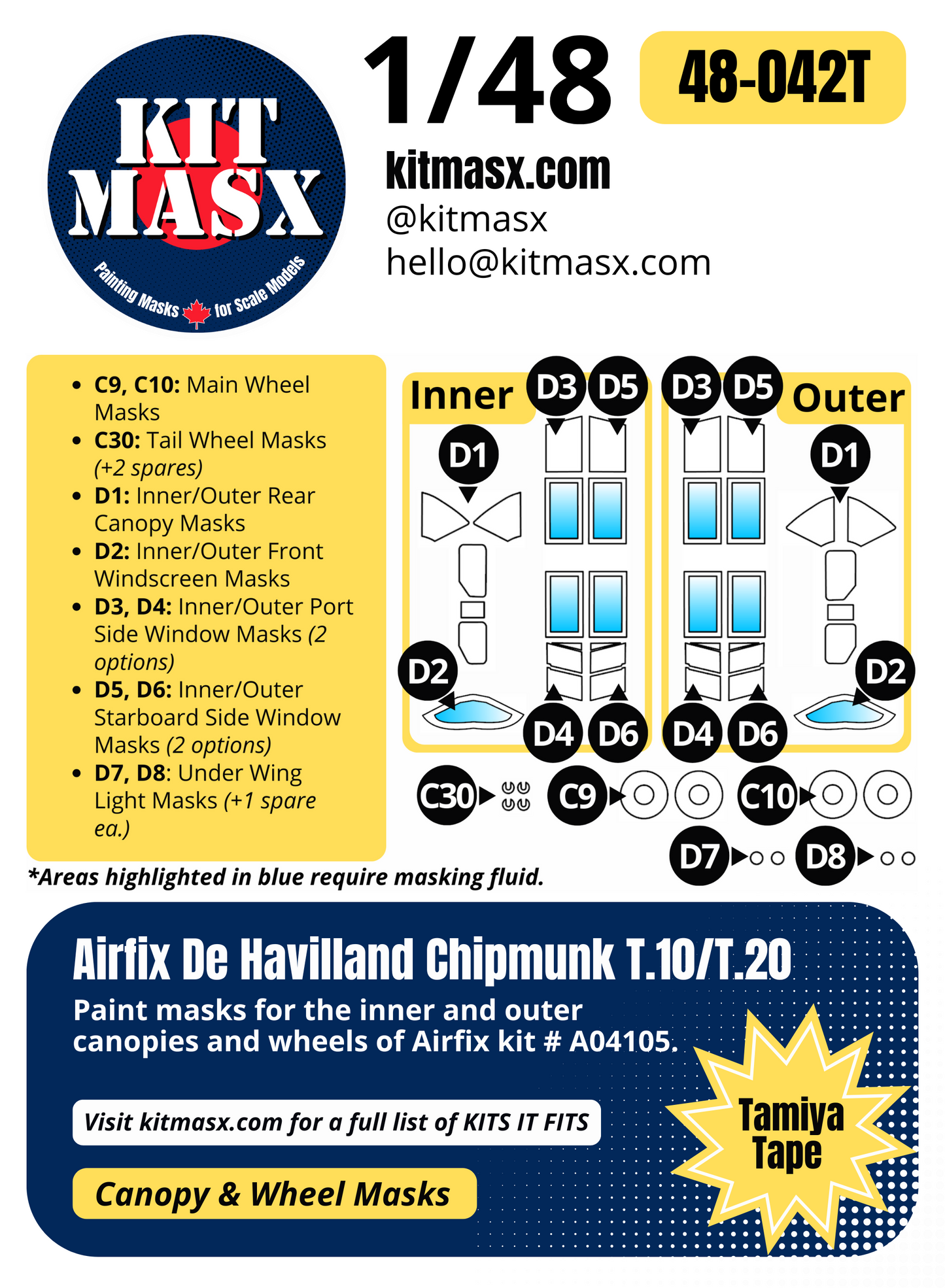 Airfix de Havilland Chipmunk T.10/T.20 1/48 Canopy & Wheel Paint Masks, Kit # A04105