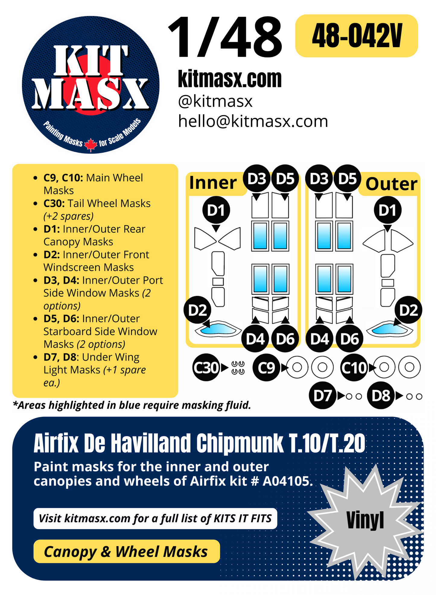 Airfix de Havilland Chipmunk T.10/T.20 1/48 Canopy & Wheel Paint Masks, Kit # A04105