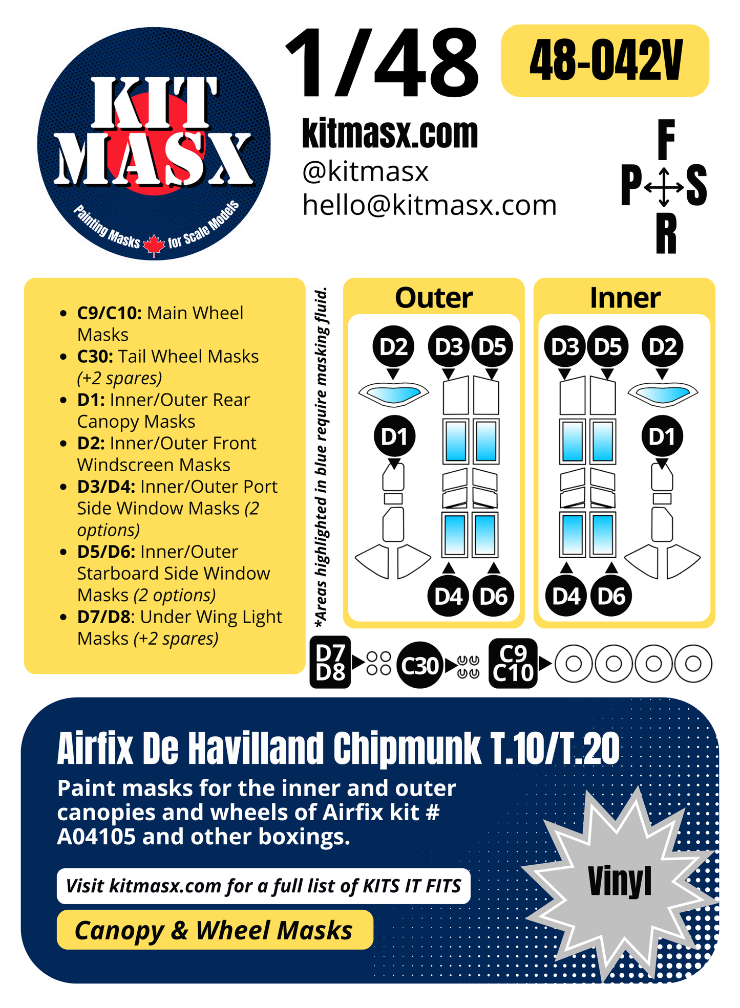 Airfix de Havilland Chipmunk T.10/T.20 1/48 Canopy & Wheel Paint Masks, Kit # A04105