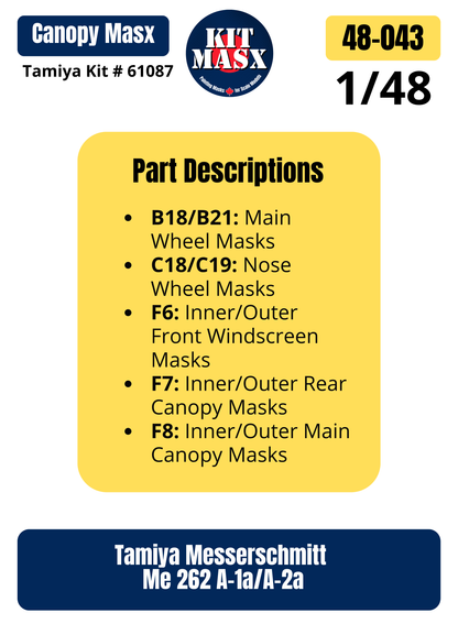 Tamiya Messerschmitt Me262 A-1a/A-2a 1/48 Canopy & Wheel Paint Masks, Kit # 61087 (48043)