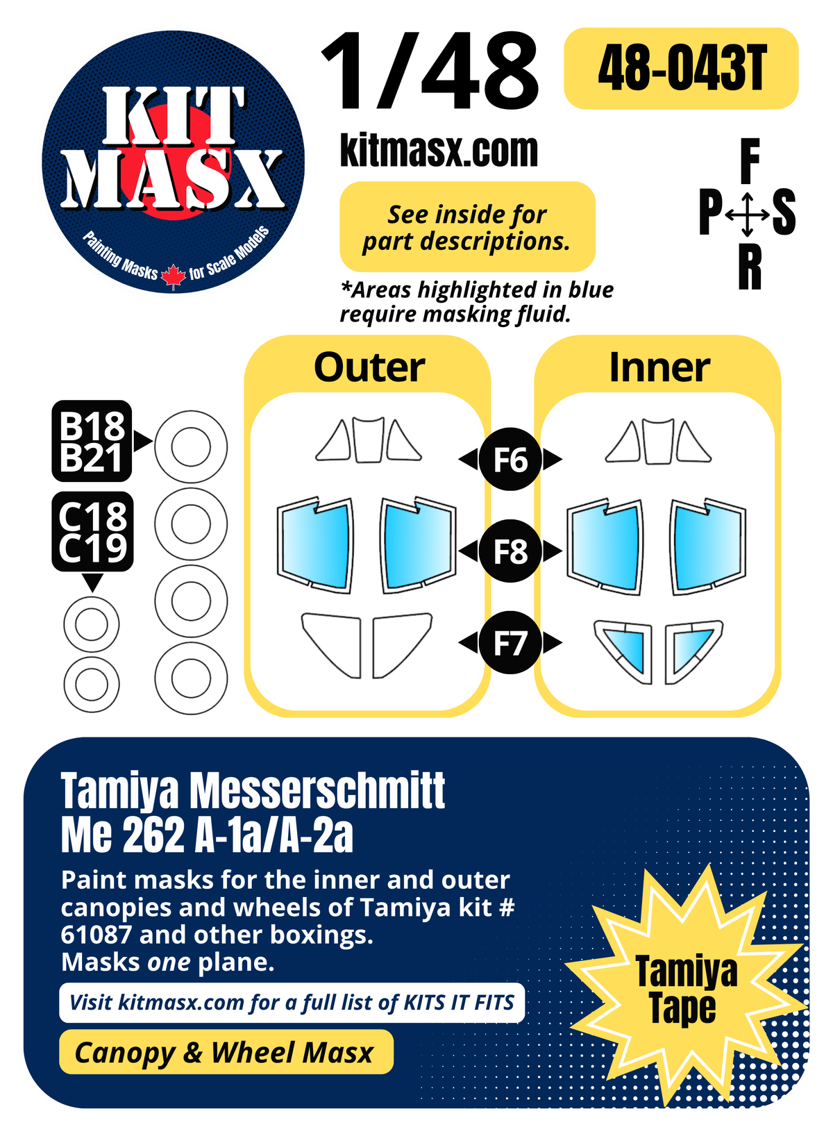 Tamiya Messerschmitt Me262 A-1a/A-2a 1/48 Canopy & Wheel Paint Masks, Kit # 61087 (48043)