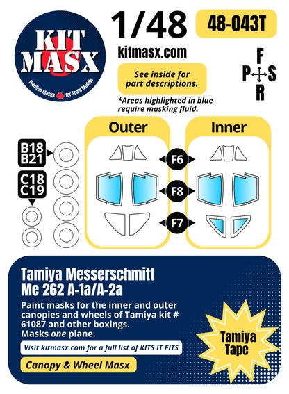 Tamiya Messerschmitt Me262 A-1a/A-2a 1/48 Canopy & Wheel Paint Masks, Kit # 61087 (48043)
