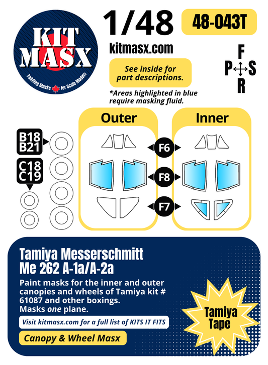 Tamiya Messerschmitt Me262 A-1a/A-2a 1/48 Canopy & Wheel Paint Masks, Kit # 61087 (48043)