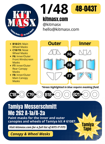 Tamiya Messerschmitt Me262 A-1a/A-2a 1/48 Canopy & Wheel Paint Masks, Kit # 61087