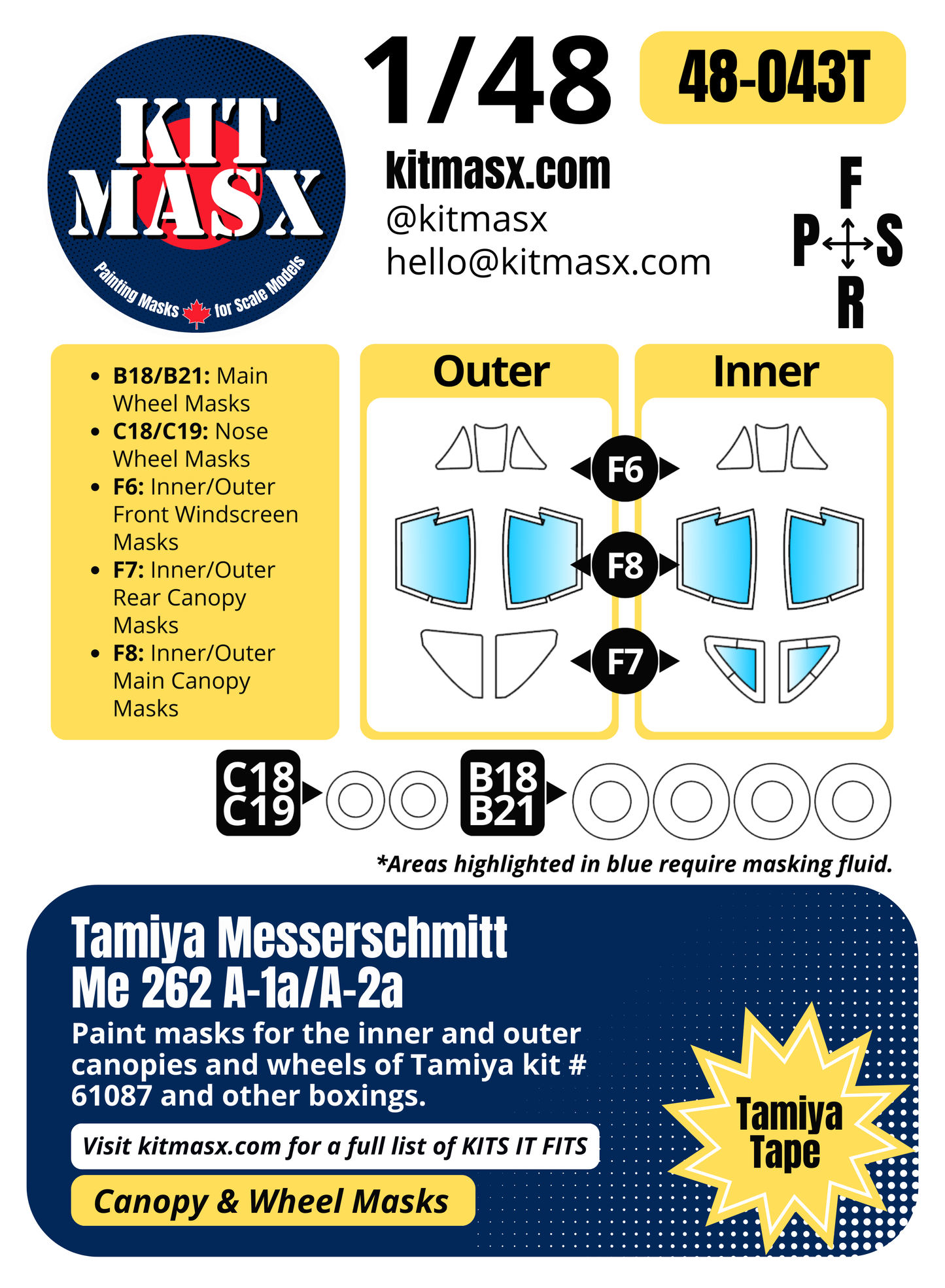 Tamiya Messerschmitt Me262 A-1a/A-2a 1/48 Canopy & Wheel Paint Masks, Kit # 61087