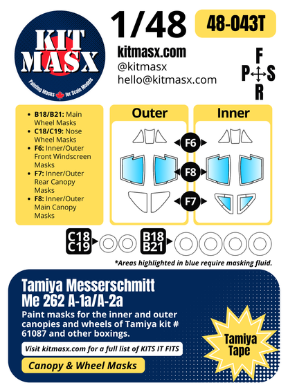 Tamiya Messerschmitt Me262 A-1a/A-2a 1/48 Canopy & Wheel Paint Masks, Kit # 61087