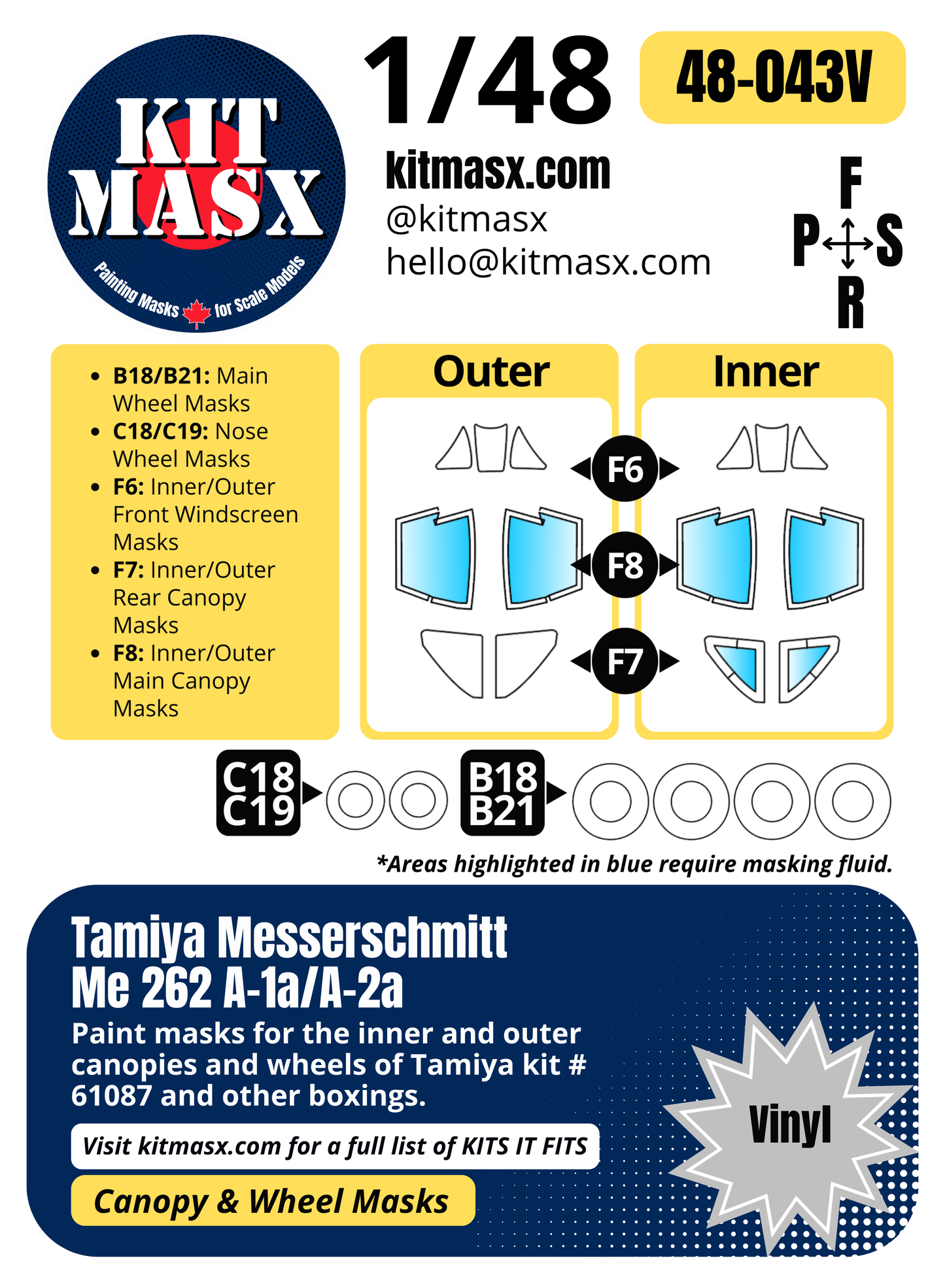 Tamiya Messerschmitt Me262 A-1a/A-2a 1/48 Canopy & Wheel Paint Masks, Kit # 61087