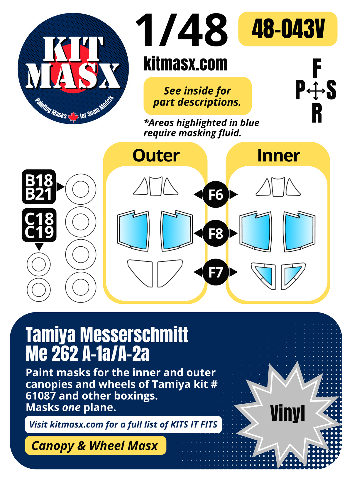 Tamiya Messerschmitt Me262 A-1a/A-2a 1/48 Canopy & Wheel Paint Masks, Kit # 61087 (48043)