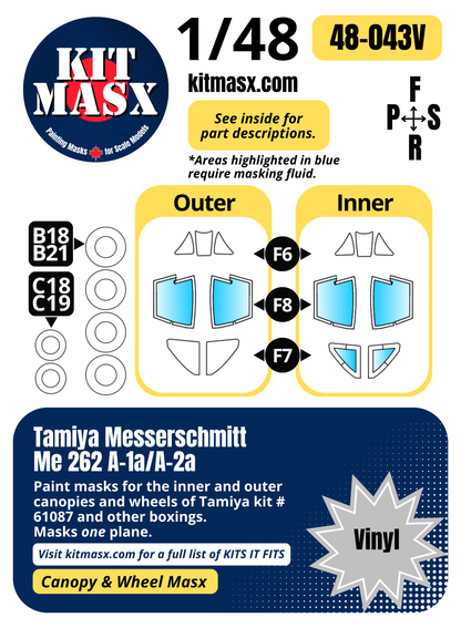 Tamiya Messerschmitt Me262 A-1a/A-2a 1/48 Canopy & Wheel Paint Masks, Kit # 61087 (48043)