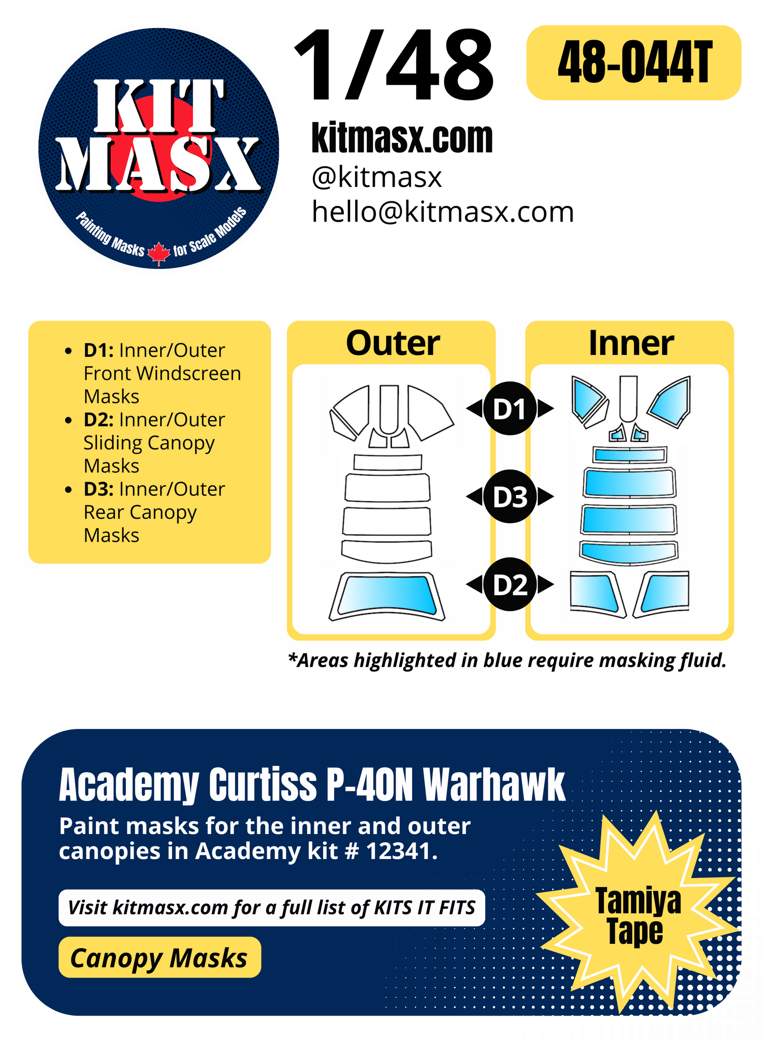 Academy Curtiss P-40N Warhawk 1/48 Canopy Paint Masks, Kit # 12341