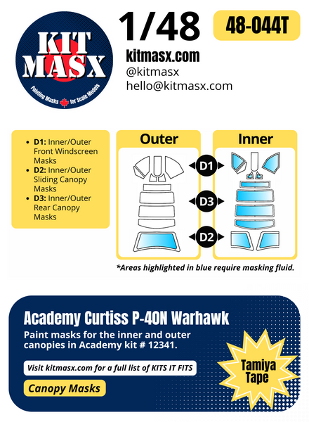 Academy Curtiss P-40N Warhawk 1/48 Canopy Paint Masks, Kit # 12341