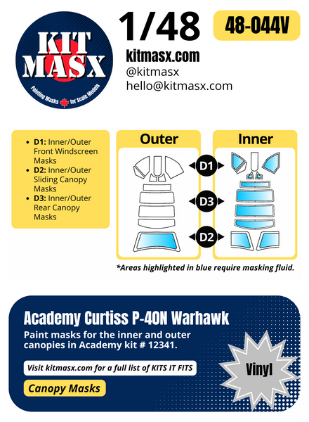 Academy Curtiss P-40N Warhawk 1/48 Canopy Paint Masks, Kit # 12341