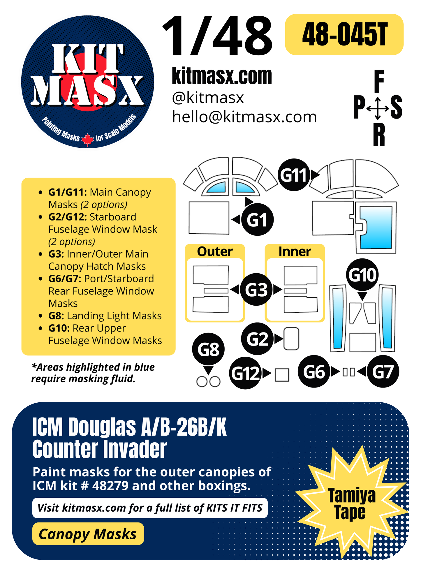 ICM Douglas A/B-26B/K Counter Invader 1/48 Canopy Paint Masks, Kit # 48279