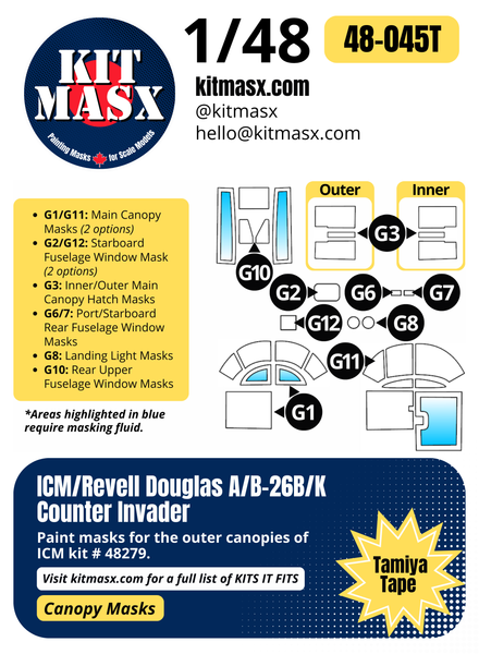 ICM Douglas A/B-26B/K Counter Invader 1/48 Canopy Paint Masks, Kit # 48279