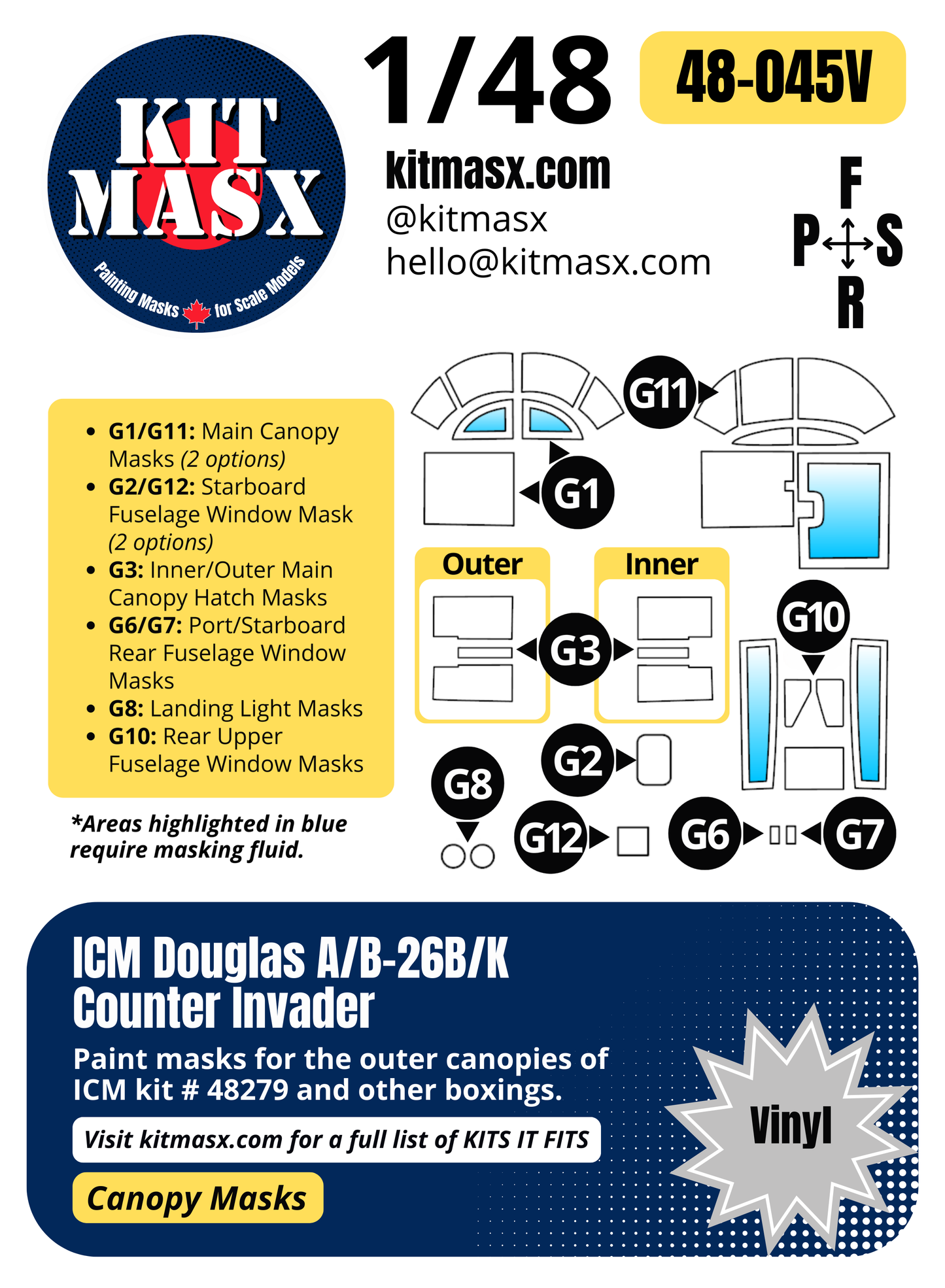 ICM Douglas A/B-26B/K Counter Invader 1/48 Canopy Paint Masks, Kit # 48279