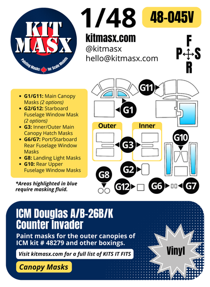 ICM Douglas A/B-26B/K Counter Invader 1/48 Canopy Paint Masks, Kit # 48279