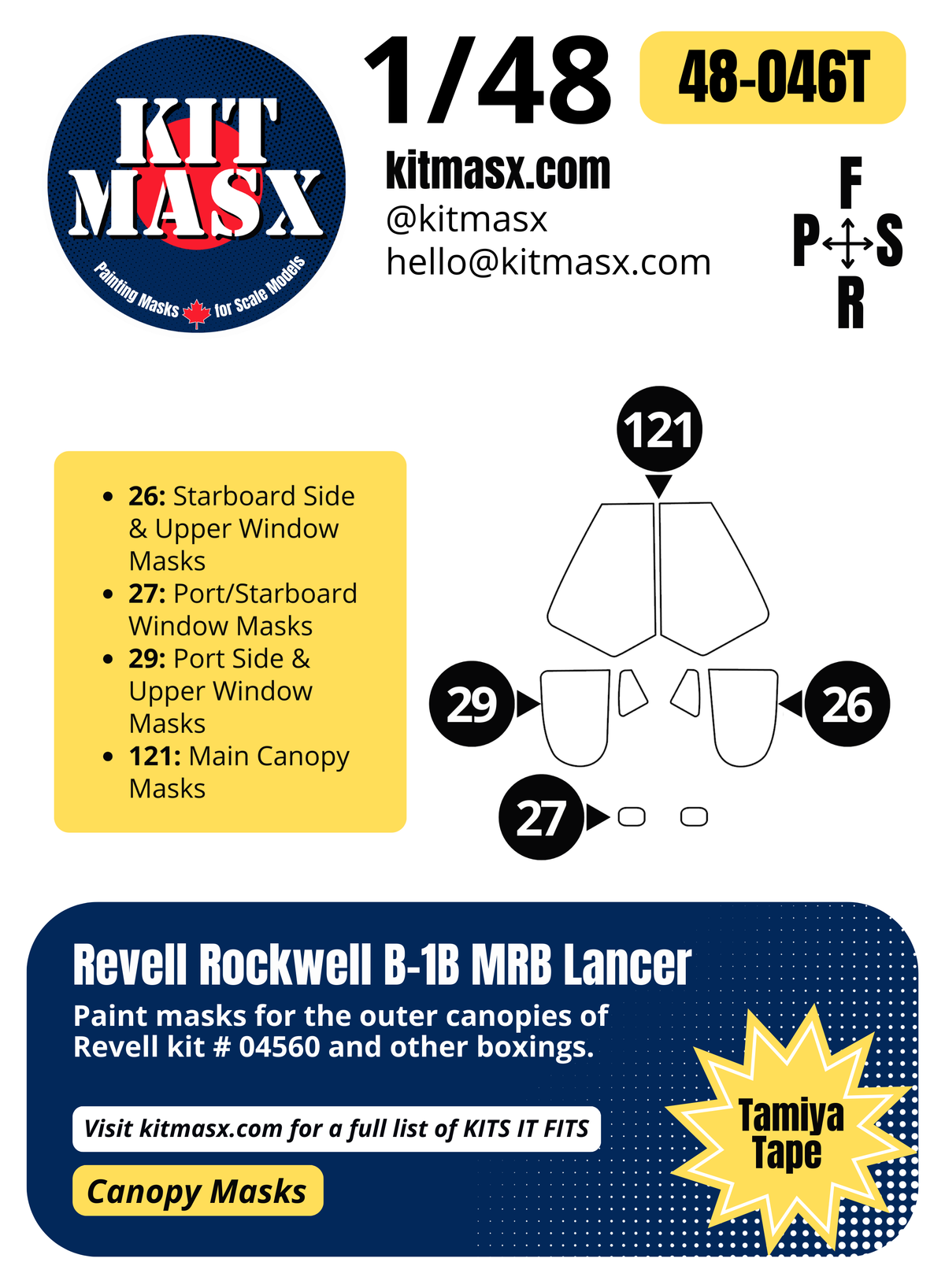 Revell Rockwell B-1B MRB Lancer 1/48 Canopy Paint Masks, Kit # 04560 ...