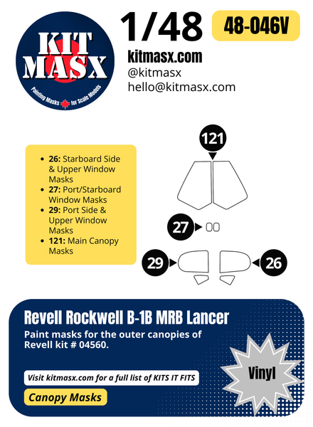 Revell Rockwell B-1B MRB Lancer 1/48 Canopy Paint Masks, Kit # 04560