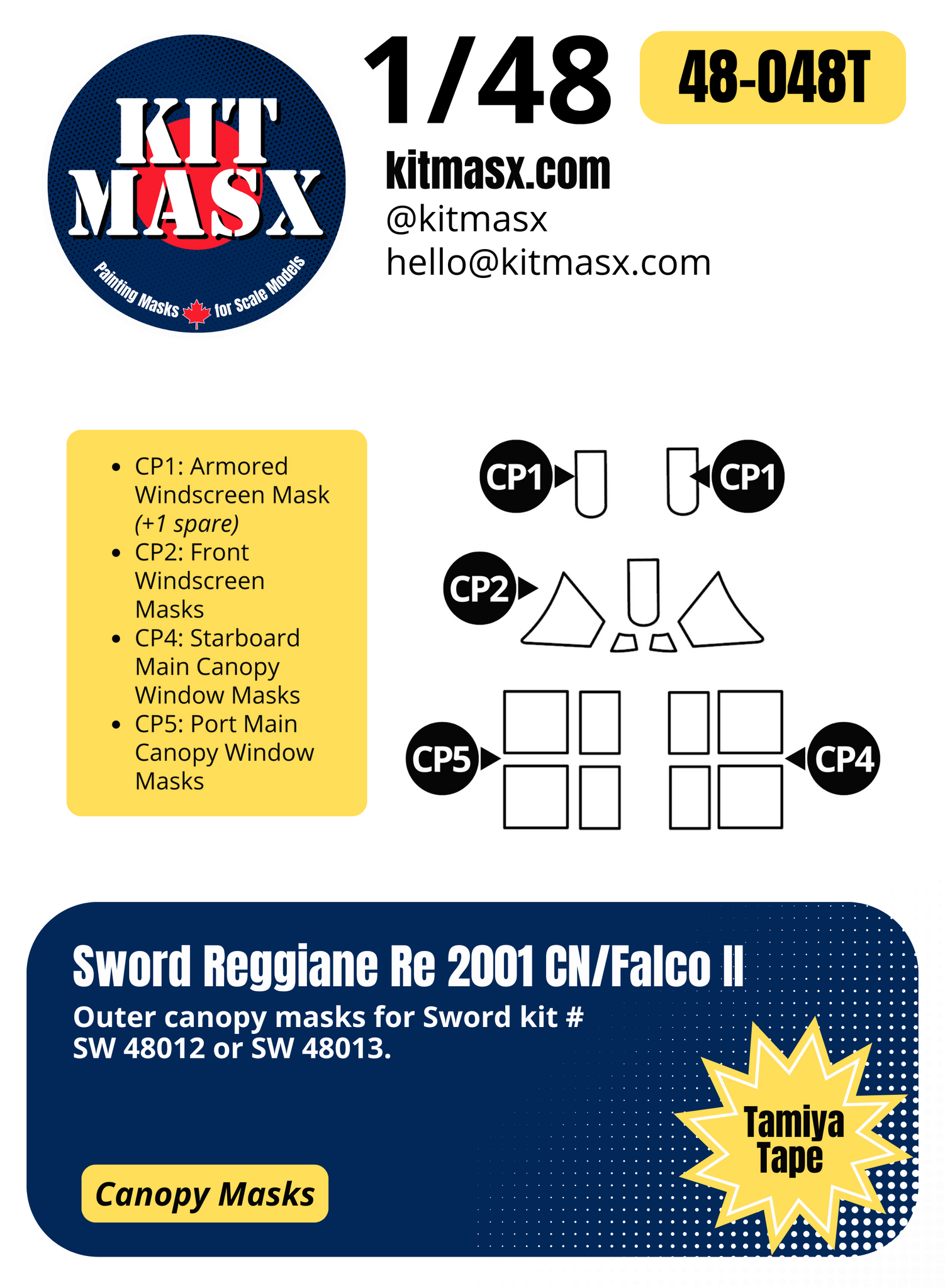 Sword Reggiane Re 2001 CN/Falco II 1/48 Canopy Paint Masks, Kit # SW48012