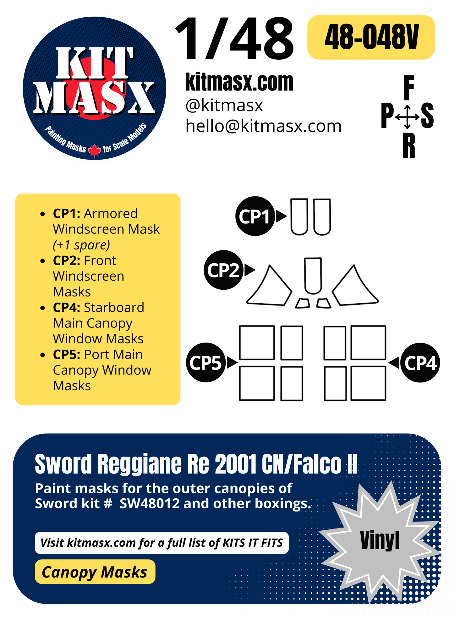 Sword Reggiane Re 2001 CN/Falco II 1/48 Canopy Paint Masks, Kit # SW48012