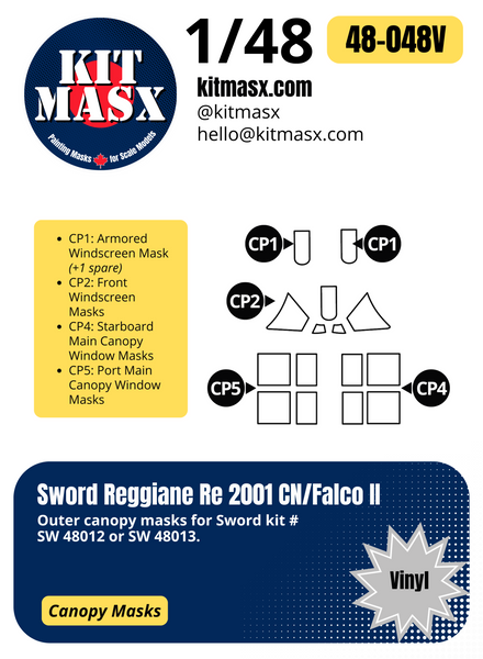 Sword Reggiane Re 2001 CN/Falco II 1/48 Canopy Paint Masks, Kit # SW48012