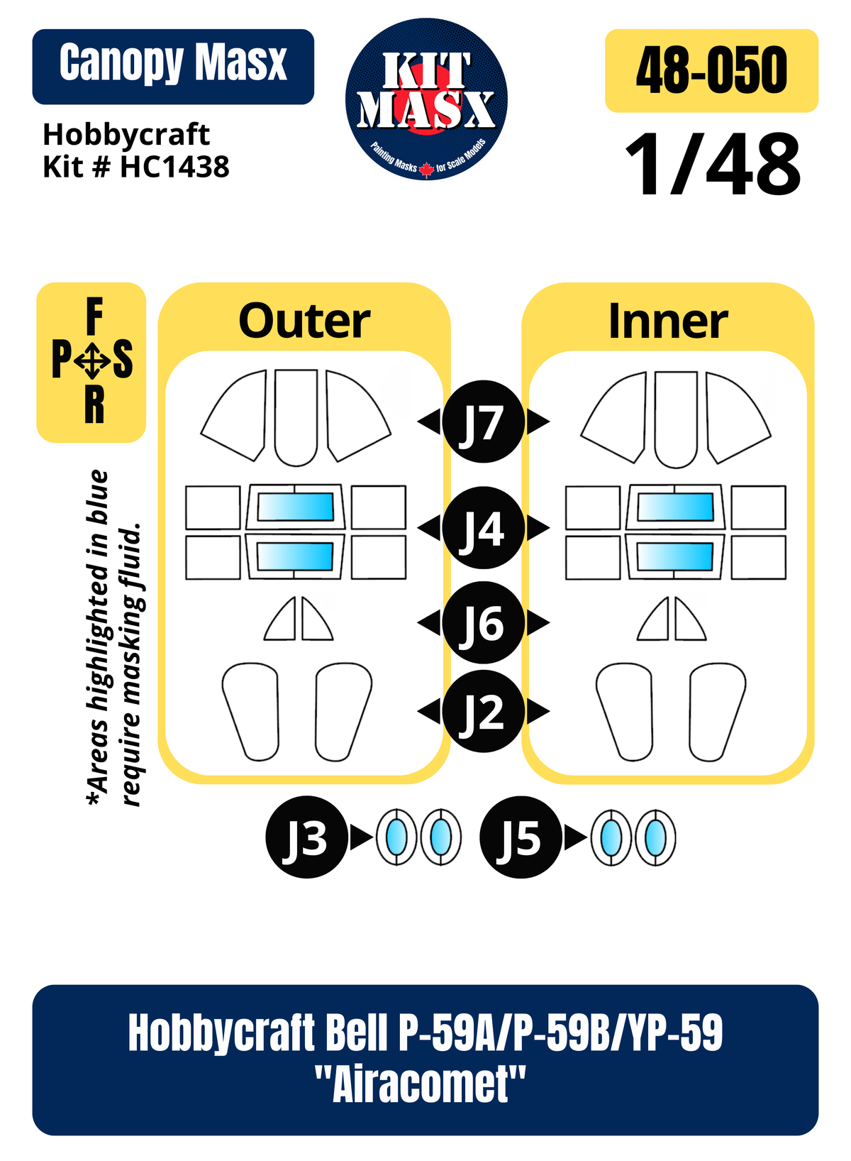 Hobbycraft Bell P-59A/P-59B/YP-59 "Airacomet" 1/48 Canopy Paint Masks, Kit # HC1438 (48050)