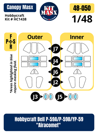 Hobbycraft Bell P-59A/P-59B/YP-59 "Airacomet" 1/48 Canopy Paint Masks, Kit # HC1438 (48050)