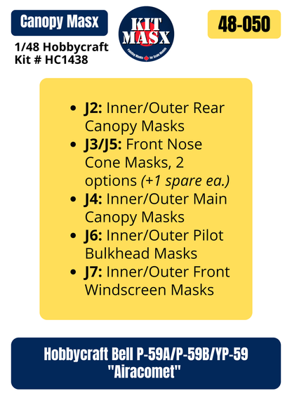 Hobbycraft Bell P-59A/P-59B/YP-59 "Airacomet" 1/48 Canopy Paint Masks, Kit # HC1438
