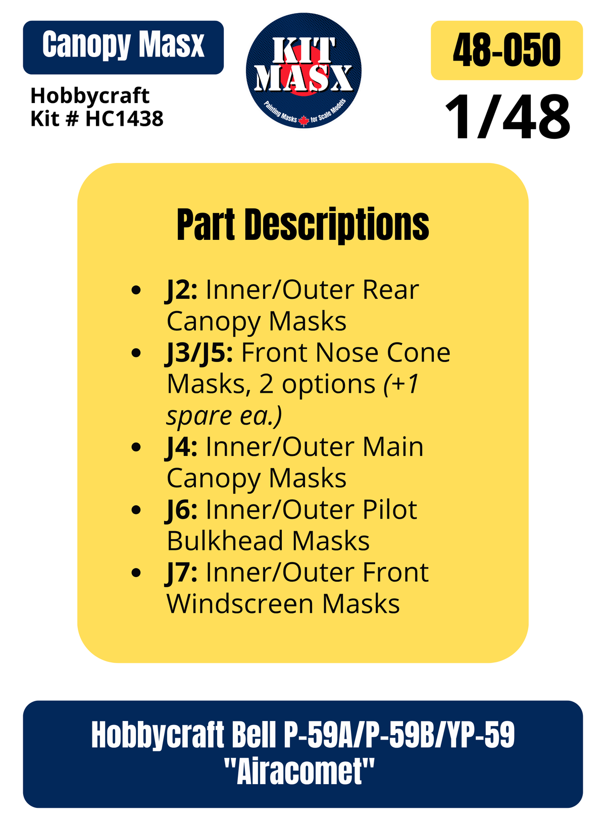 Hobbycraft Bell P-59A/P-59B/YP-59 "Airacomet" 1/48 Canopy Paint Masks, Kit # HC1438 (48050)
