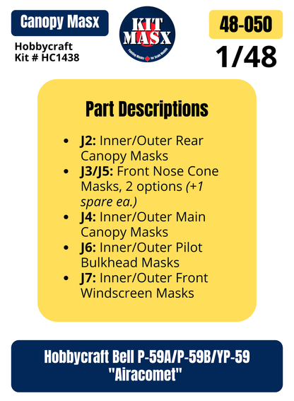 Hobbycraft Bell P-59A/P-59B/YP-59 "Airacomet" 1/48 Canopy Paint Masks, Kit # HC1438 (48050)