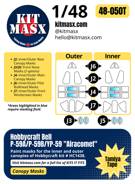 Hobbycraft Bell P-59A/P-59B/YP-59 "Airacomet" 1/48 Canopy Paint Masks, Kit # HC1438