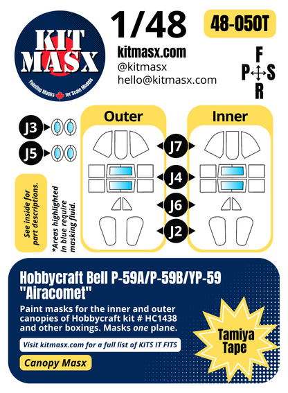 Hobbycraft Bell P-59A/P-59B/YP-59 "Airacomet" 1/48 Canopy Paint Masks, Kit # HC1438 (48050)