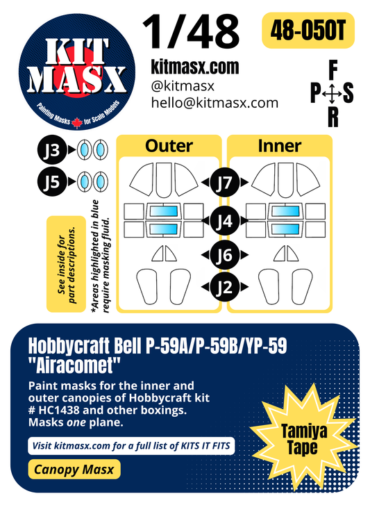 Hobbycraft Bell P-59A/P-59B/YP-59 "Airacomet" 1/48 Canopy Paint Masks, Kit # HC1438