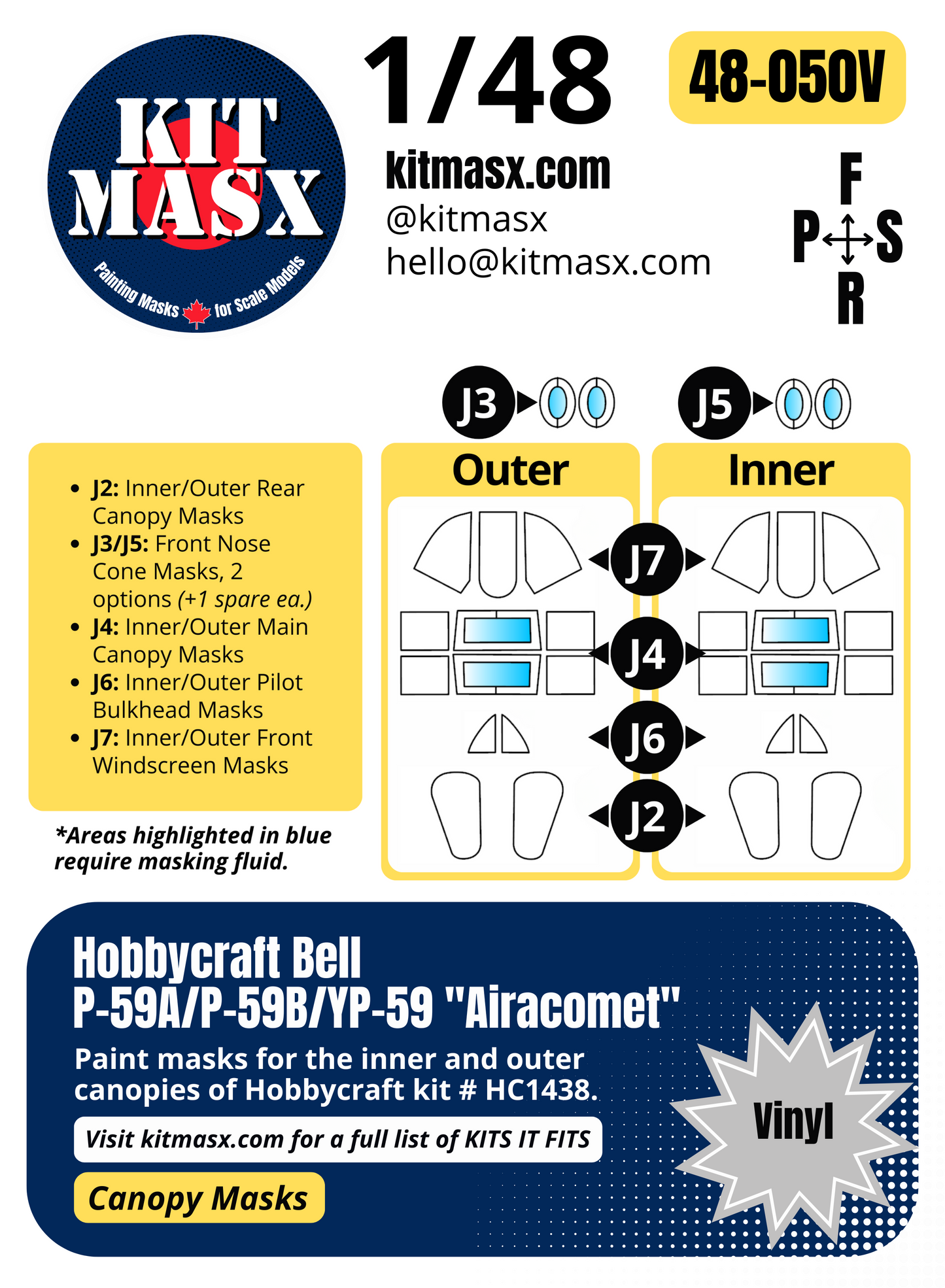 Hobbycraft Bell P-59A/P-59B/YP-59 "Airacomet" 1/48 Canopy Paint Masks, Kit # HC1438