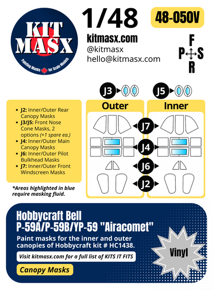 Hobbycraft Bell P-59A/P-59B/YP-59 "Airacomet" 1/48 Canopy Paint Masks, Kit # HC1438