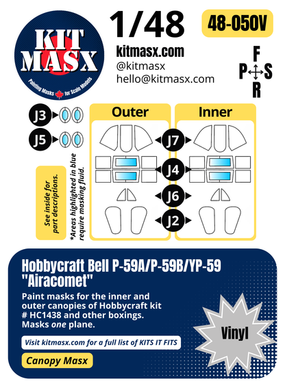 Hobbycraft Bell P-59A/P-59B/YP-59 "Airacomet" 1/48 Canopy Paint Masks, Kit # HC1438