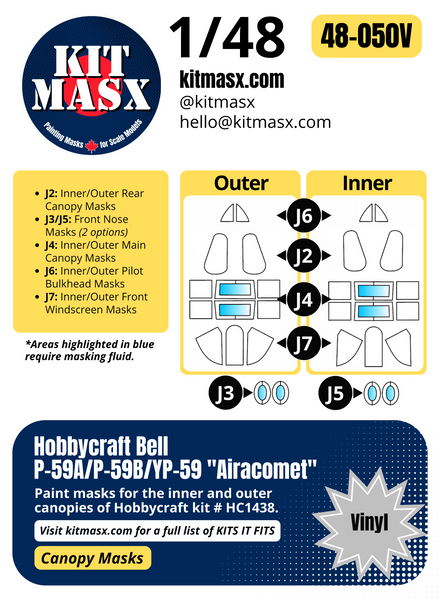 Hobbycraft Bell P-59A/P-59B/YP-59 "Airacomet" 1/48 Canopy Paint Masks, Kit # HC1438