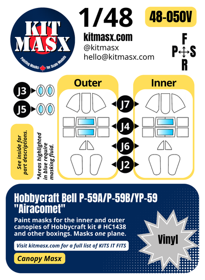 Hobbycraft Bell P-59A/P-59B/YP-59 "Airacomet" 1/48 Canopy Paint Masks, Kit # HC1438 (48050)