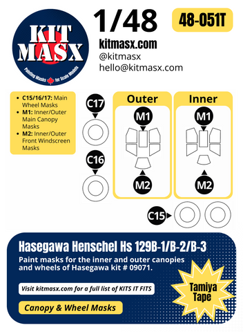 Hasegawa Henschel Hs 129B-1/B-2/B-3 1/48 Canopy & Wheel Paint Masks, Kit # 09071